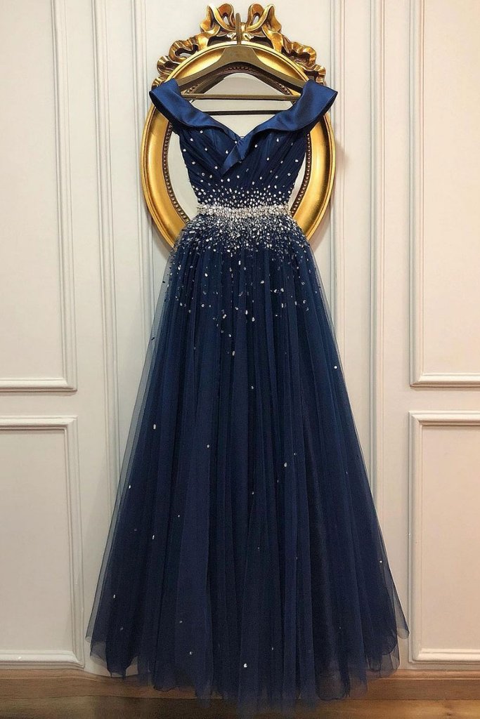 DARK BLUE SATIN SEQUIN LONG PROM DRESS DARK BLUE EVENING DRESS cg14053