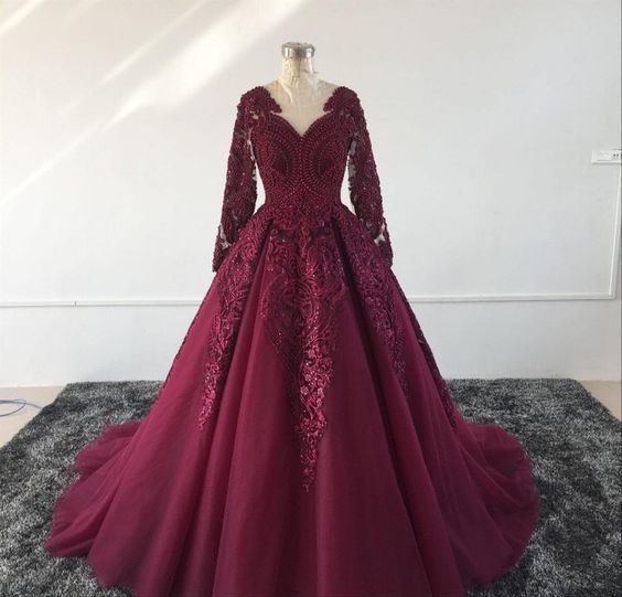 Burgundy Prom Dress With Train , Lace Prom Dress cg14067