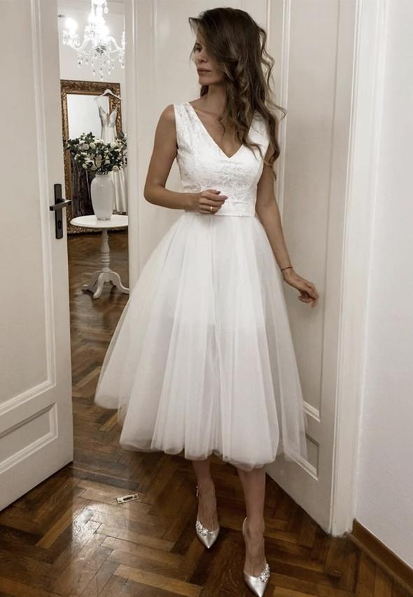 White v neck tulle short prom dress evening dress cg14077