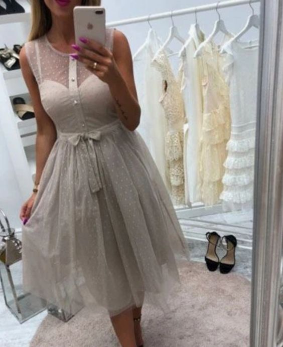 A-Line Crew Sleeveless Tea-Length Gray Homecoming Dress cg14117