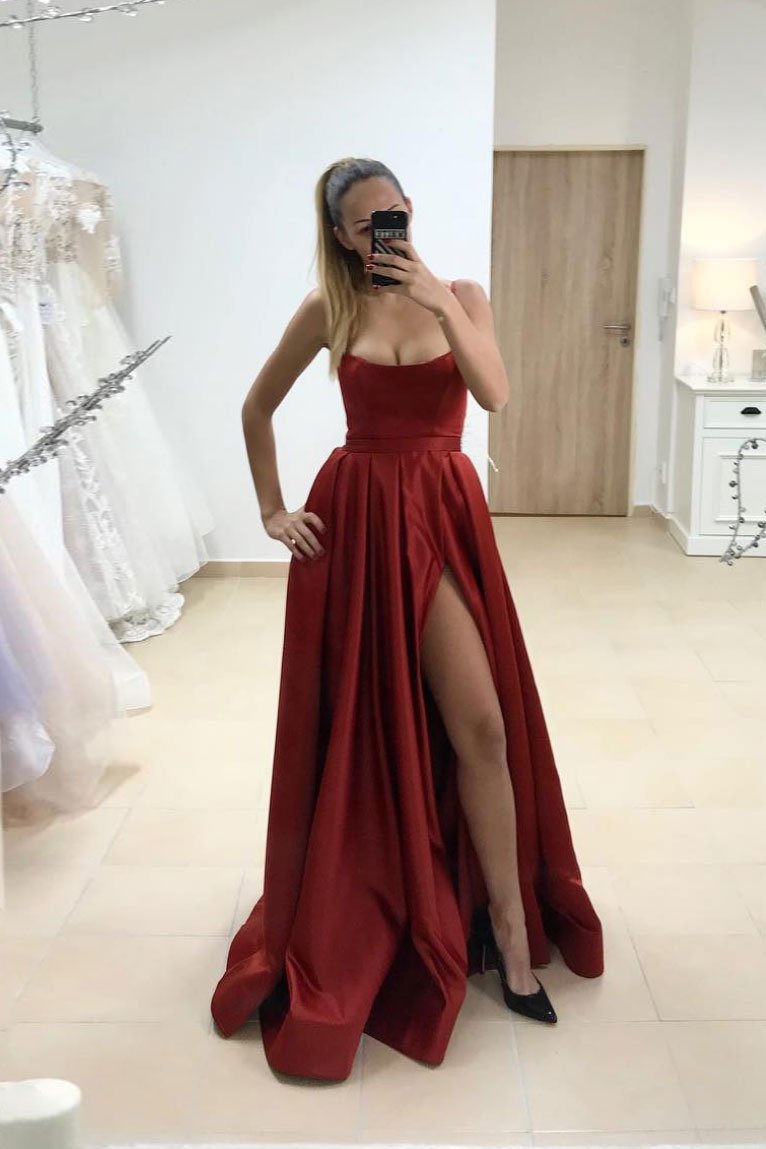 Simple satin burgundy long prom dress burgundy evening dress cg14122