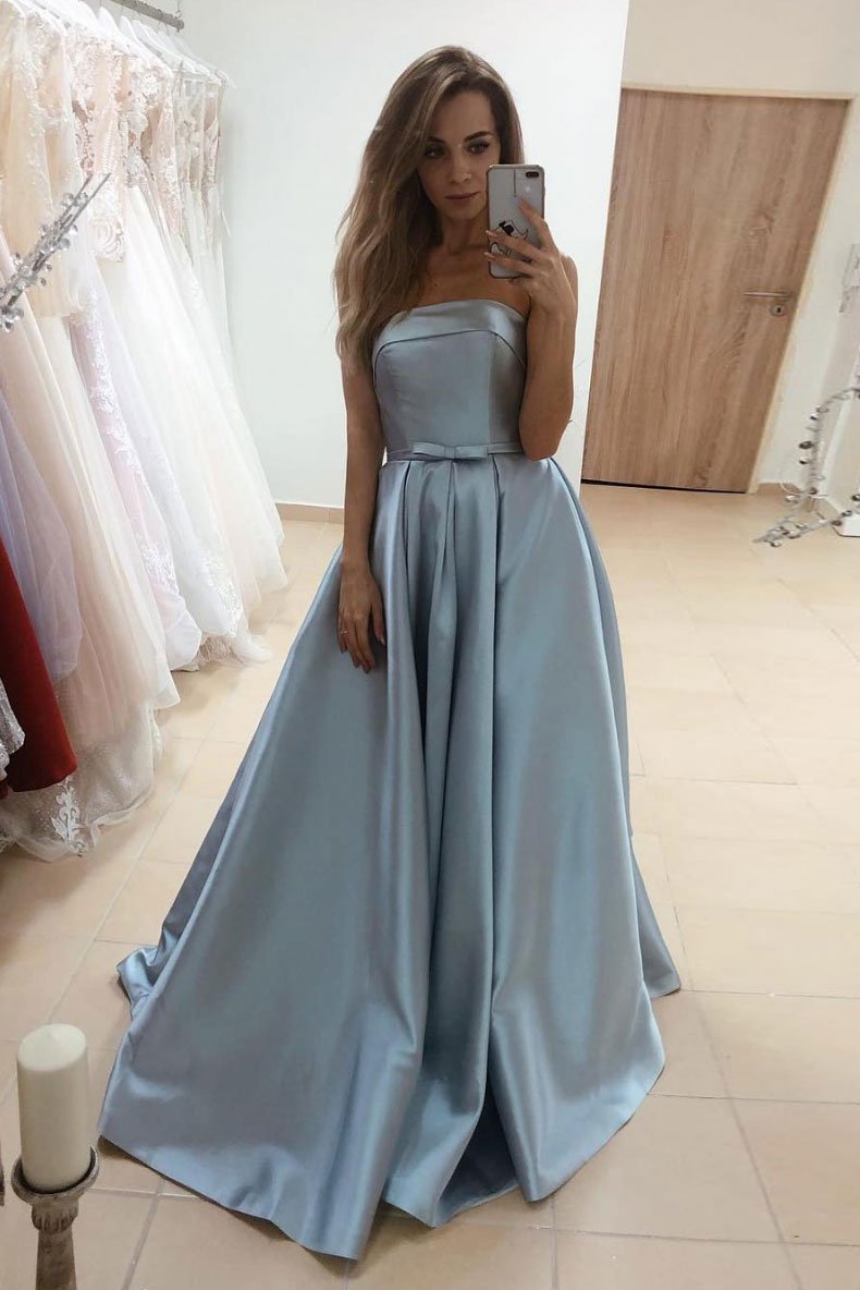 Simple blue satin long prom dress blue satin long evening dress cg14123