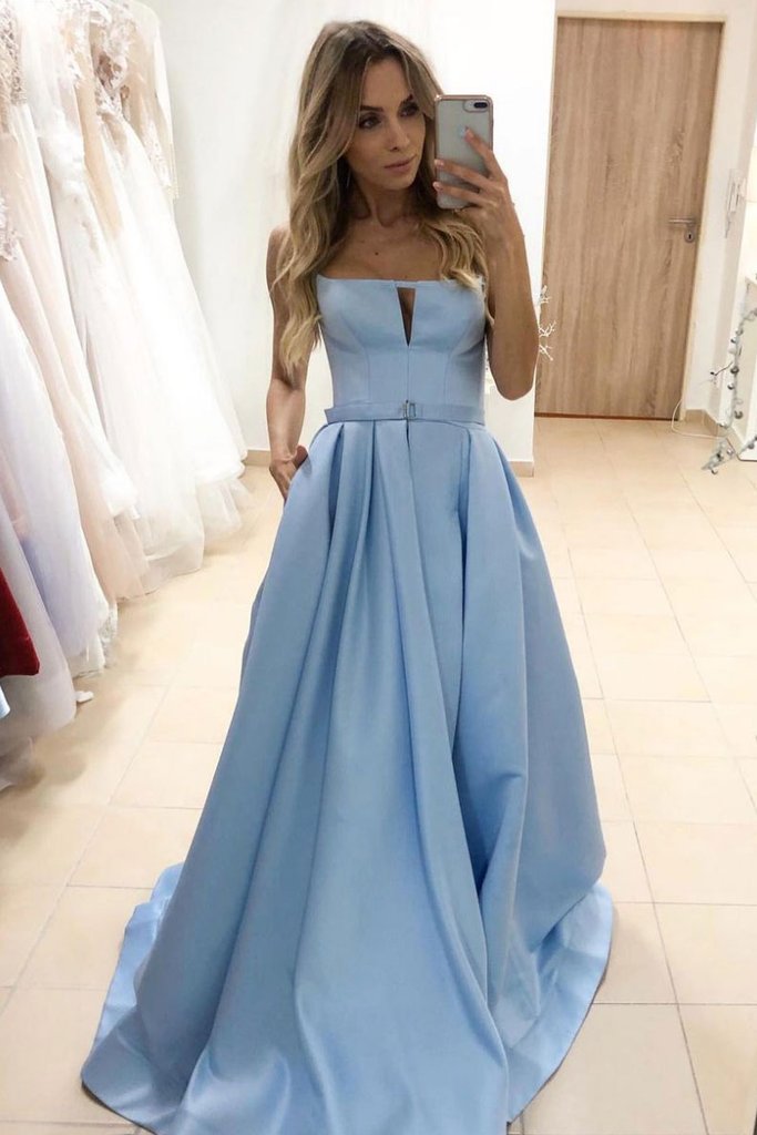 Simple blue satin long prom dress blue long evening dress cg14125