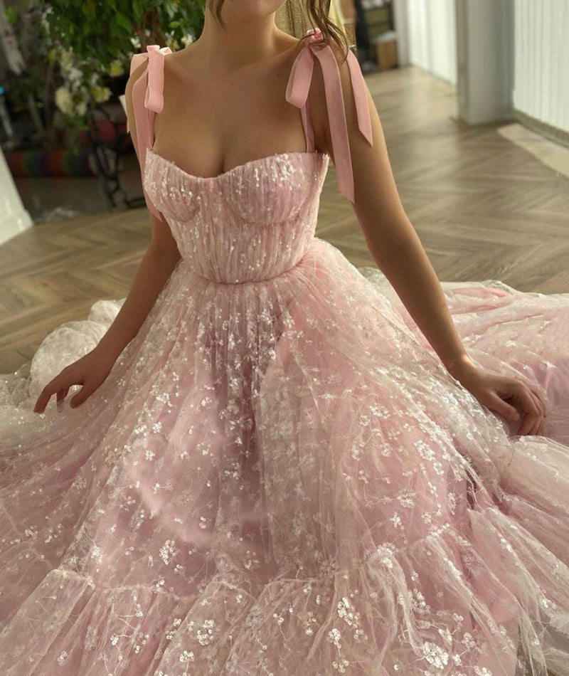 PINK TULLE SEQUINS A LINE PROM DRESS EVENING DRESS cg14128