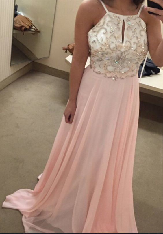 Pink Beaded Evening Dresses Long Elegant Chiffon Scoop Neckline Prom Dress cg14132