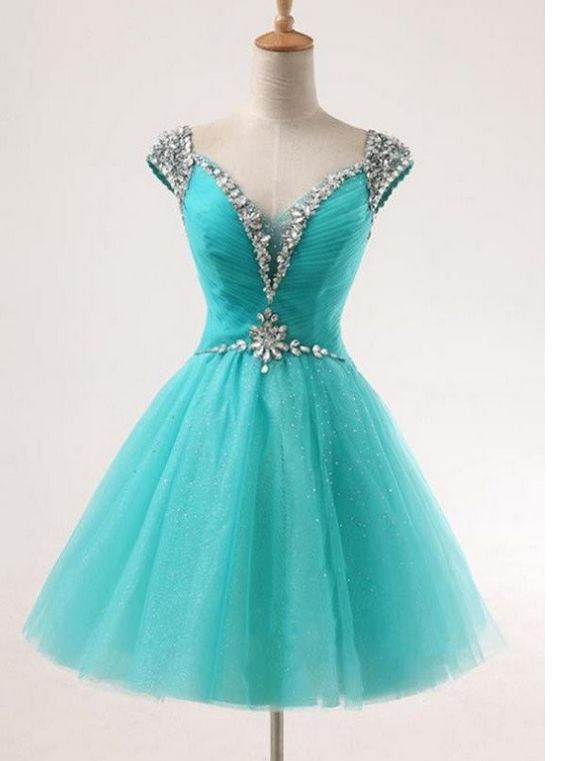 Teal V-neck A-line Short Tulle Beaded Homecoming Dresses cg14140