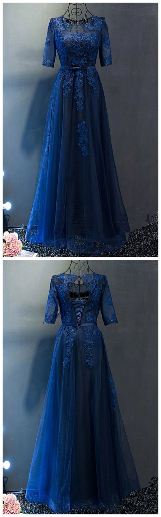 Navy Blue tulle see-through short sleeves lace applique long prom dress cg14172