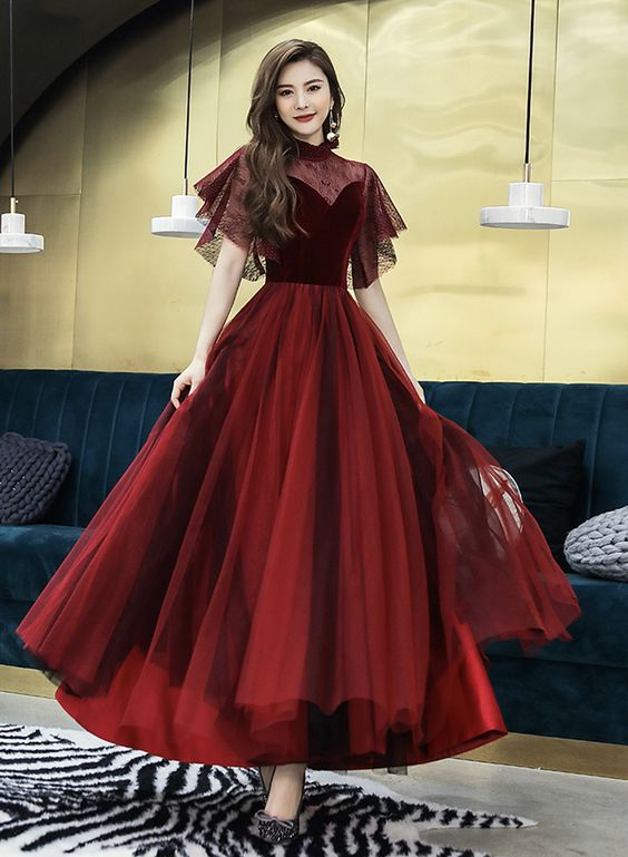 Burgundy Velvet Tulle Prom Dress Evening Dress cg14224
