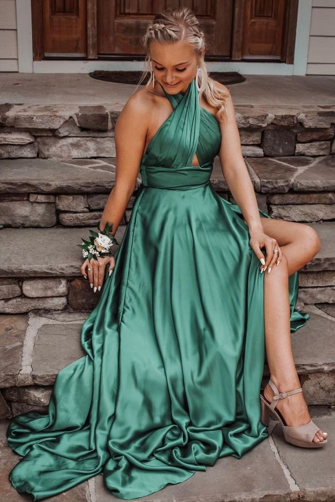 Gorgeous Halter Green Long Prom Dress with Slit cg14255