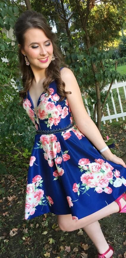short royal blue floral homecoming dress cg14258