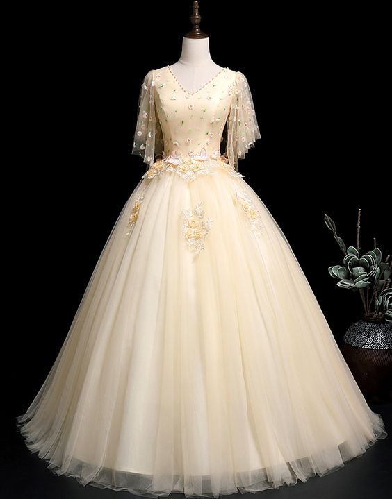 Champagne embroidery lace short sleeve long a line evening prom dress cg14260