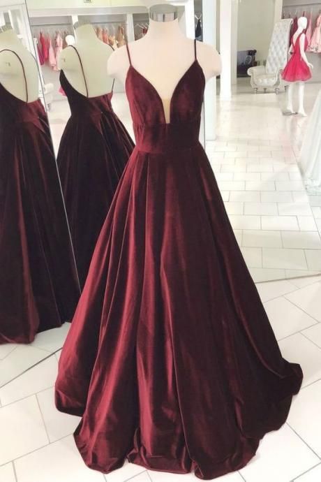 Elegant Dark Burgundy Long Spaghetti Straps Prom Dresses Evening Gown cg14263