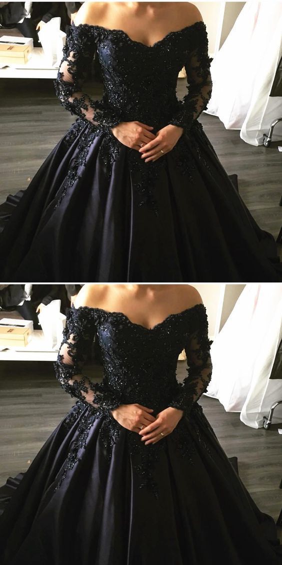 Navy Blue Lace Appliques Long Sleeves Ball Gowns Wedding Dresses Off Shoulder cg1431