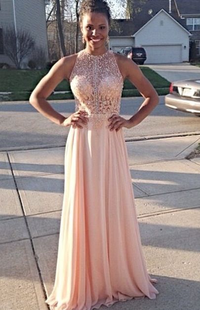 Bodice chiffon pink long prom dress cg14310