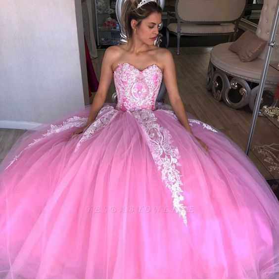 Exquisite Sweetheart Appliques Ball Gown Sweet 16 Dresses | Tulle Sleeveless Quinceanera Dresses Long prom dress cg14330