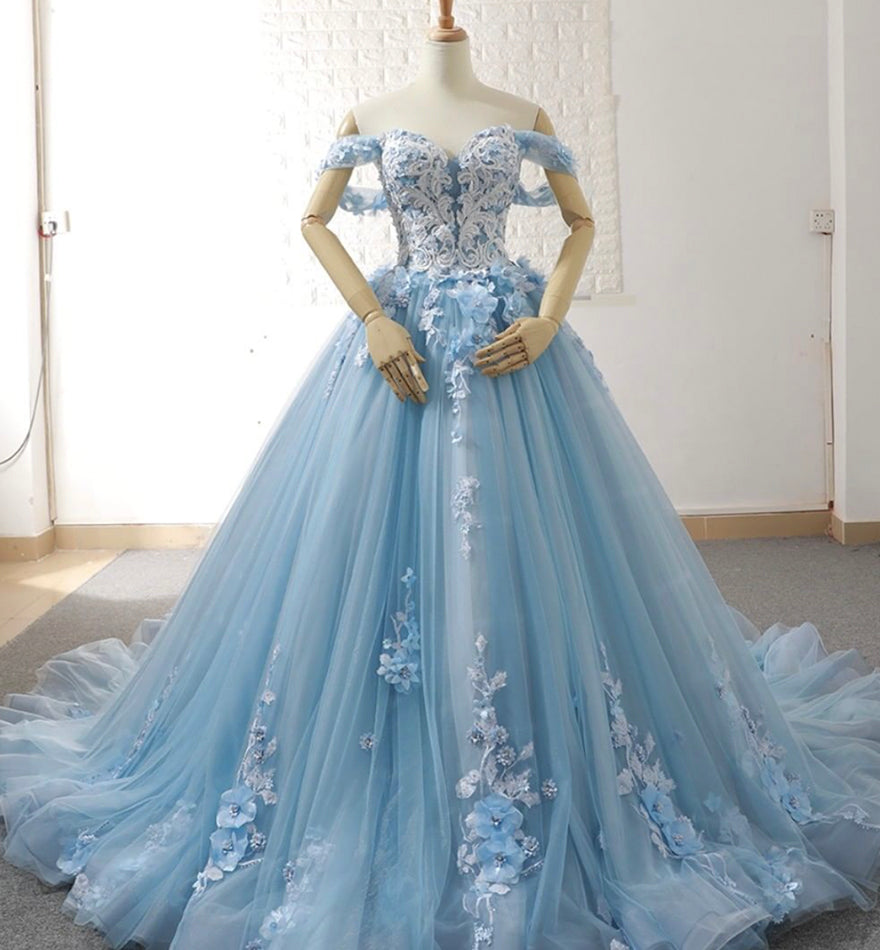 BLUE TULLE LACE LONG BALL GOWN DRESS FORMAL DRESS PROM DRESS cg14338