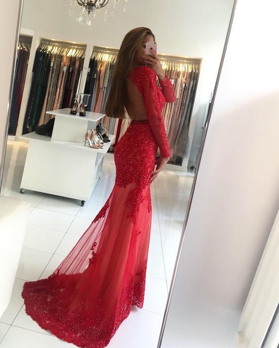 Charming Prom Dress,Long Sleeve Lace Mermaid Prom Dresses cg14339