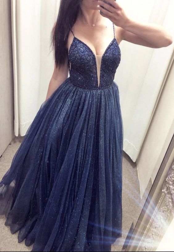 Dark blue tulle sequins prom dress evening dress cg14348