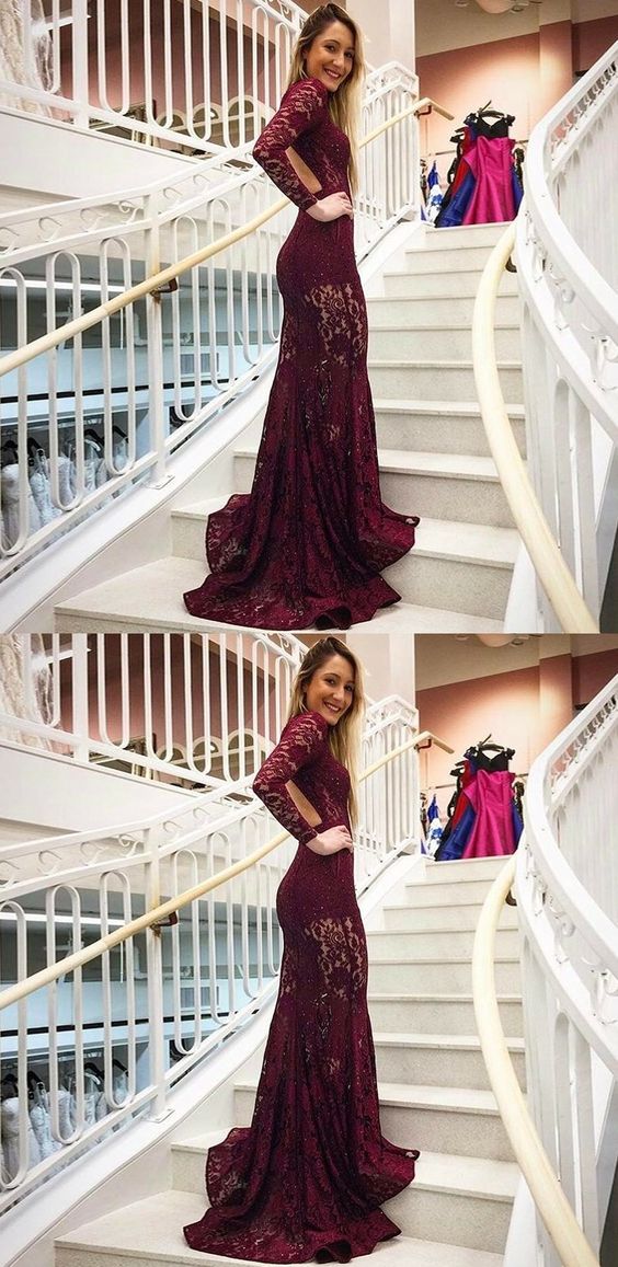 Mermaid High Neck Backless Long Sleeves Burgundy Lace Prom Dress With Pockets cg14363