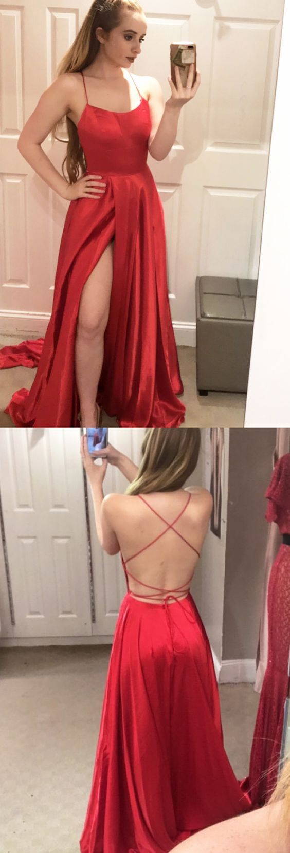 Sexy A Line Spaghetti Straps Backless Long Burgundy Satin Prom/Evening Dresses With High Split cg14368