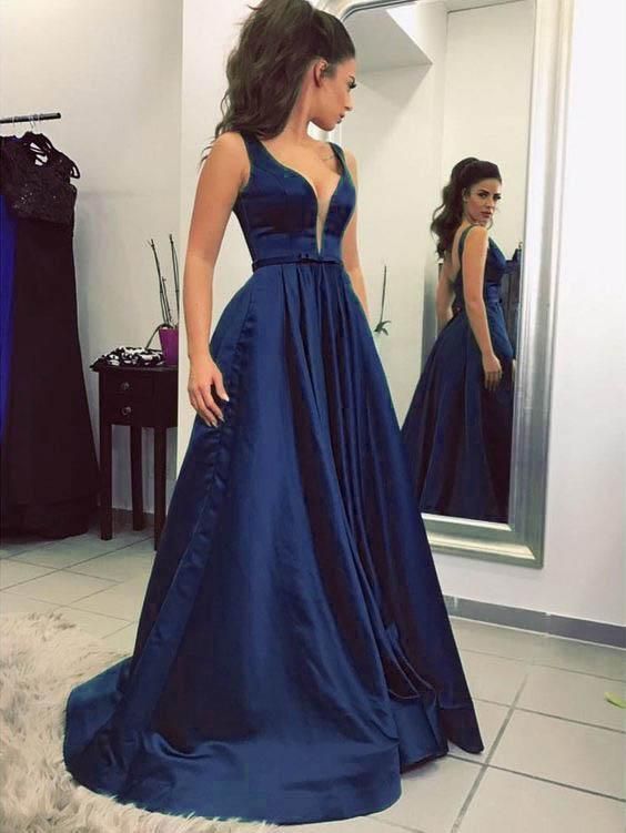 Sexy Plunge V-Neck Long Prom Dresses Sleeveless Satin Prom Gowns cg14375
