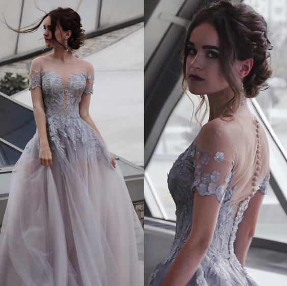 A line prom dress,tulle party dress,evening dress with appliques,half sleeve prom dress cg14376