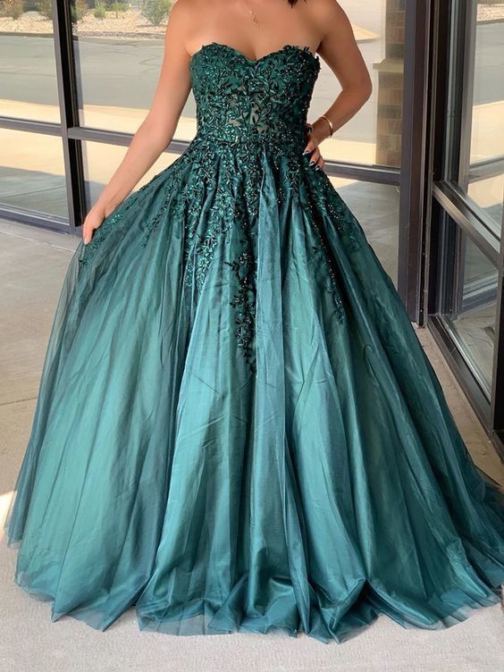 Dark Green Sweetheart Appliques Prom Dress Beaded Ball Gowns Long Evening Dress cg14379