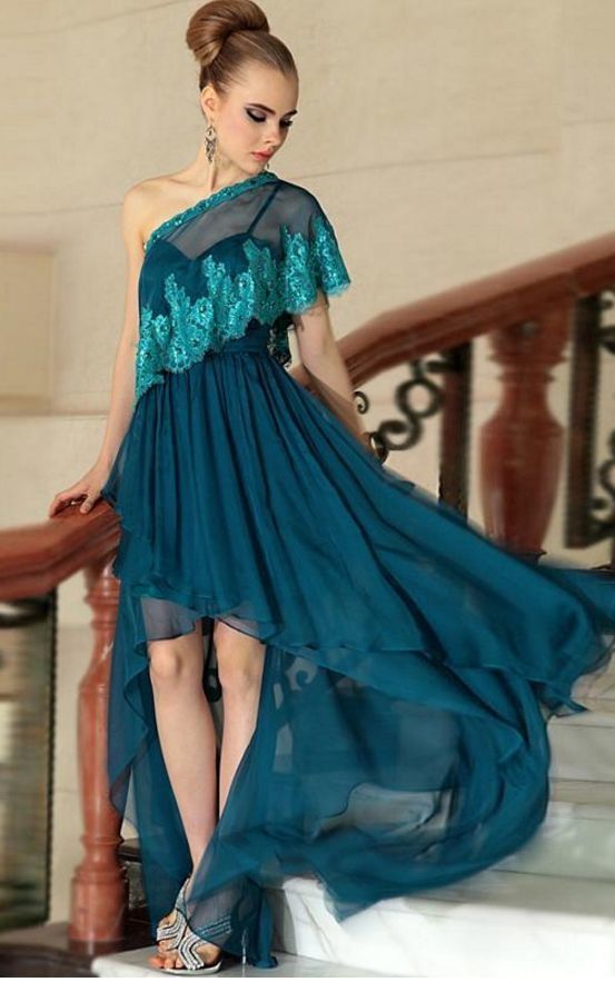 One Shoulder Evening Dresses, Lace Prom Dresses, Ruffle Party Dresses, High Front and Low Back Evening Dress cg14405
