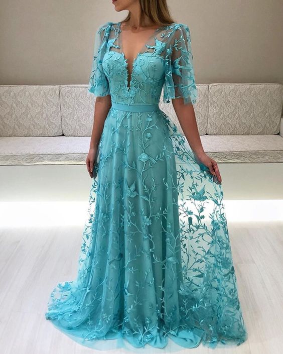 modest prom dress,lace prom dress,long formal gown,sleeved prom dresses cg14415