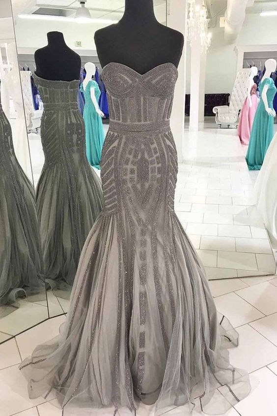 Sweetheart gray tulle beaded long strapless mermaid evening dress, formal prom dress cg14416