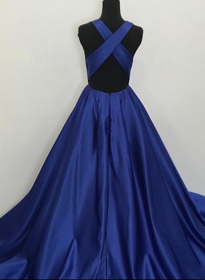 Blue v neck satin long prom dress blue evening dress cg14426