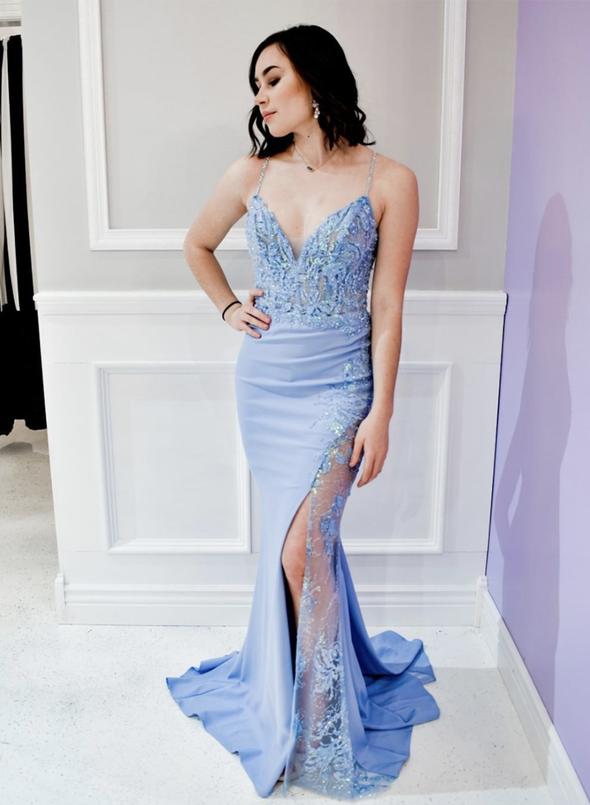 Blue v neck lace long prom dress mermaid evening dress cg14427