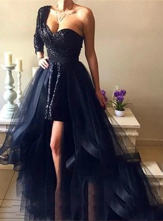 A-Line Black Tulle Sequins One Shoulder Long Sleeve Prom Dresses With Detachable Train cg14435