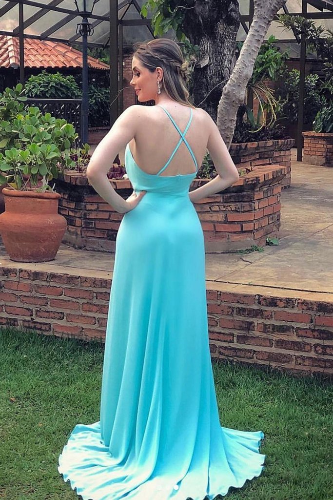 Sexy V Neck Backless Blue Long Prom Dress with High Slit cg14436