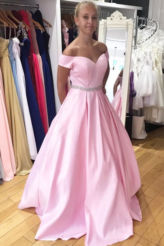 Off the Shoulder Satin Pink Long Prom Dress cg14442