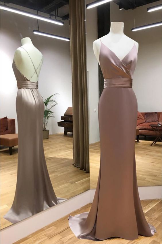 Backless Dusty Rose V-Neck Satin Mermaid Long Prom Dress cg14448