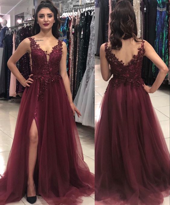 Elegant Tulle Prom Dresses leg split evening gown lace embroidery cg14459