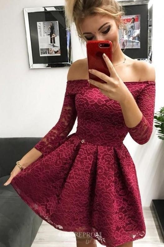 Off-the-Shoulder Long Sleeves Burgundy Lace Homecoming Dress cg1446