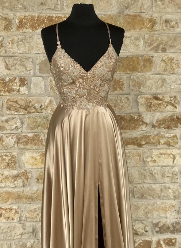 Gold v neck lace long prom dress evening dress cg14464