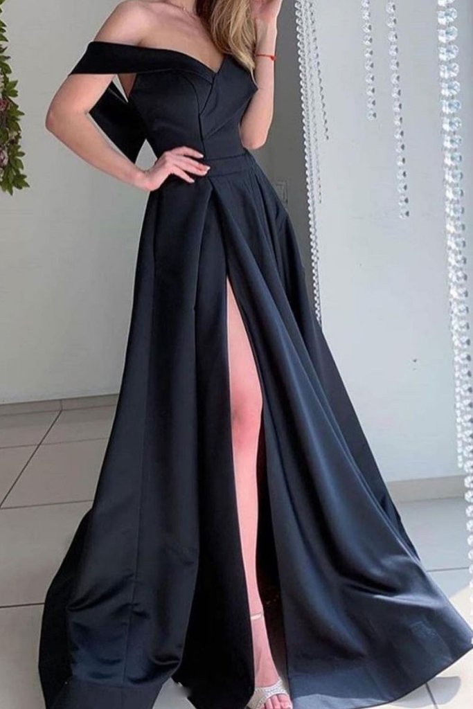 SIMPLE BLACK SATIN LONG PROM DRESS BLACK SATIN EVENING DRESS cg14468