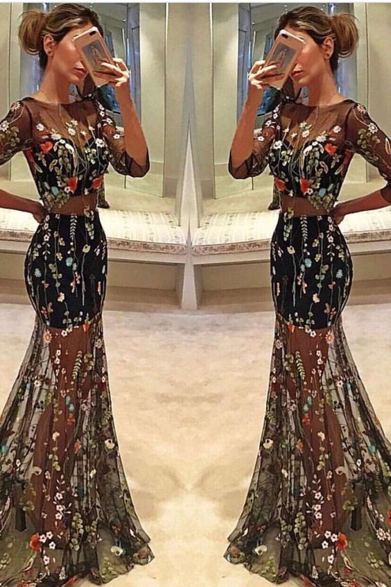 Black Lace With Embroidery Mermaid Bateau prom dress cg14480