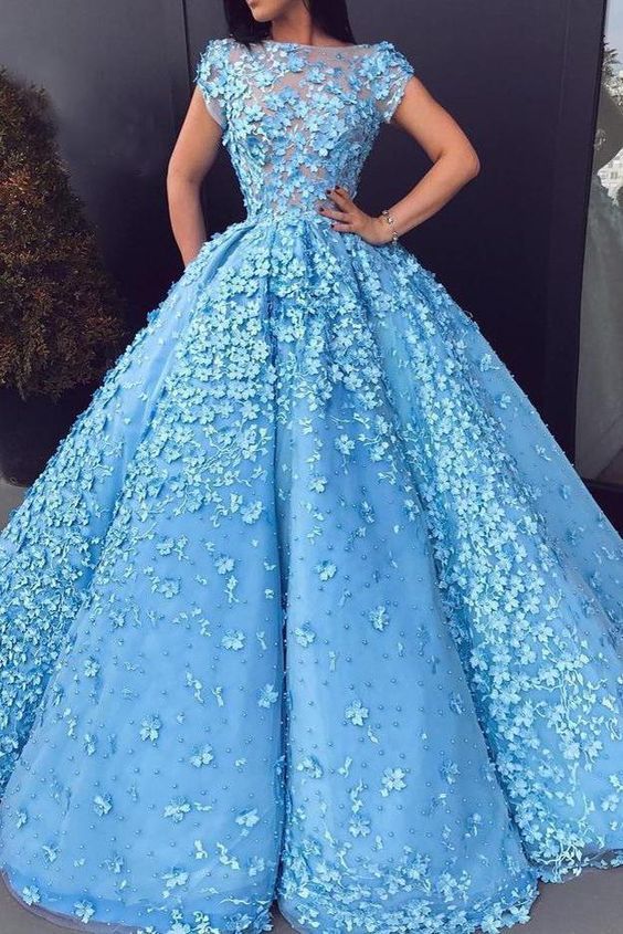 Ball Gown Blue Prom Dresses Floral Lace Bateau Long Cap Sleeve Quinceanera Dresses prom dress cg14481