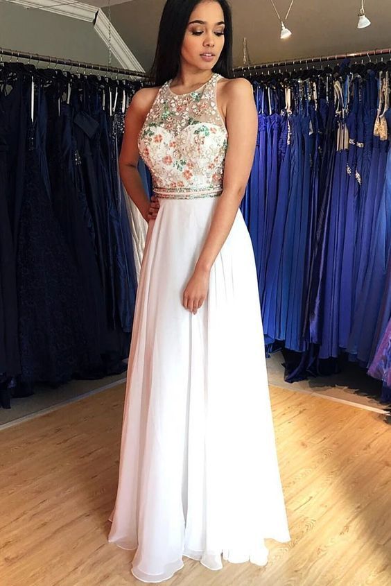 Unique A Line Colorful Beads Chiffon White Formal Dresses prom dress cg14482