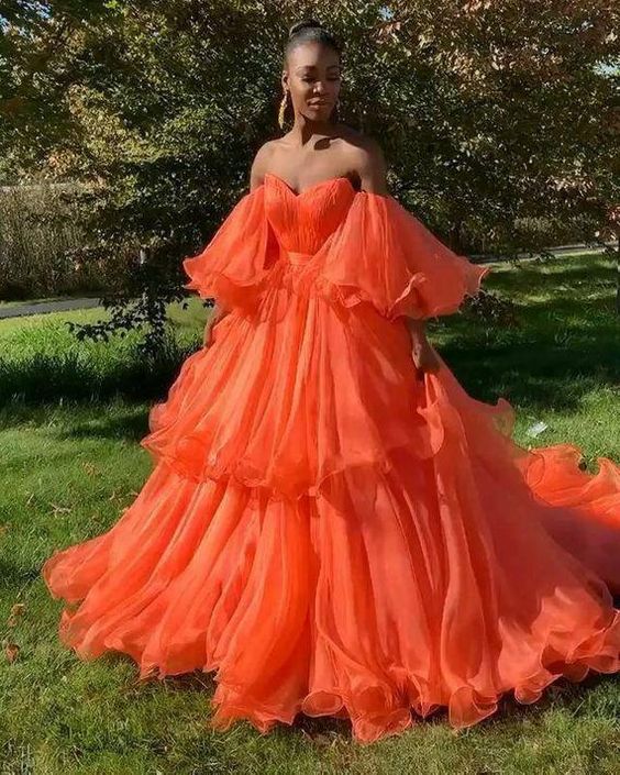 Orange organza ball wedding dress,African prom ball dresses cg14485
