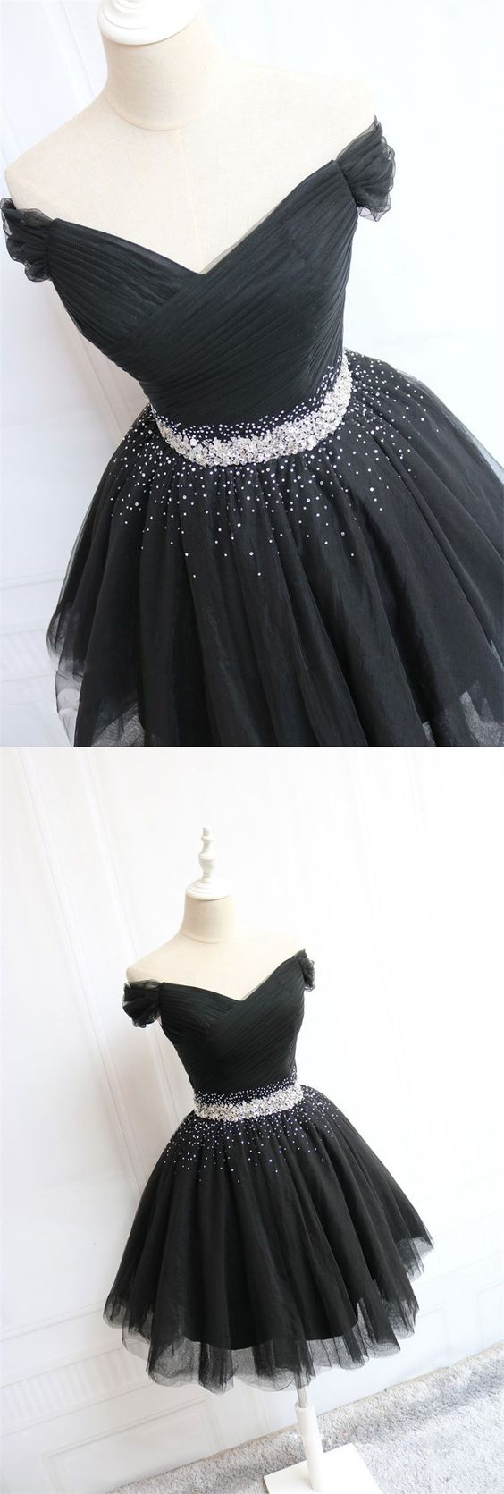 Simple Black Tulle Off Shoulder Short beaded Homecoming Dress cg14517
