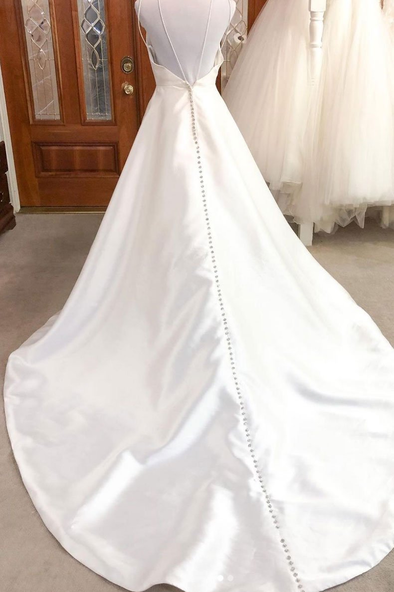long prom dress Simple white v neck satin long wedding dress white bridal dress cg14526