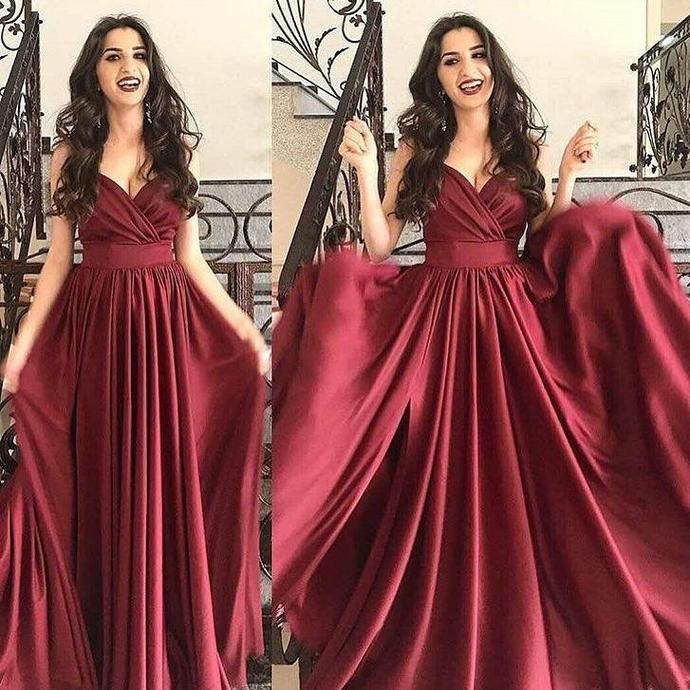 Burgundy Prom Dress,A-Line Prom Gown,Spaghetti Straps Evening Dress,Satin Prom Gown cg14529