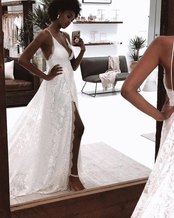 Spaghetti Straps White Lace Prom Dress with Side Slit cg14560