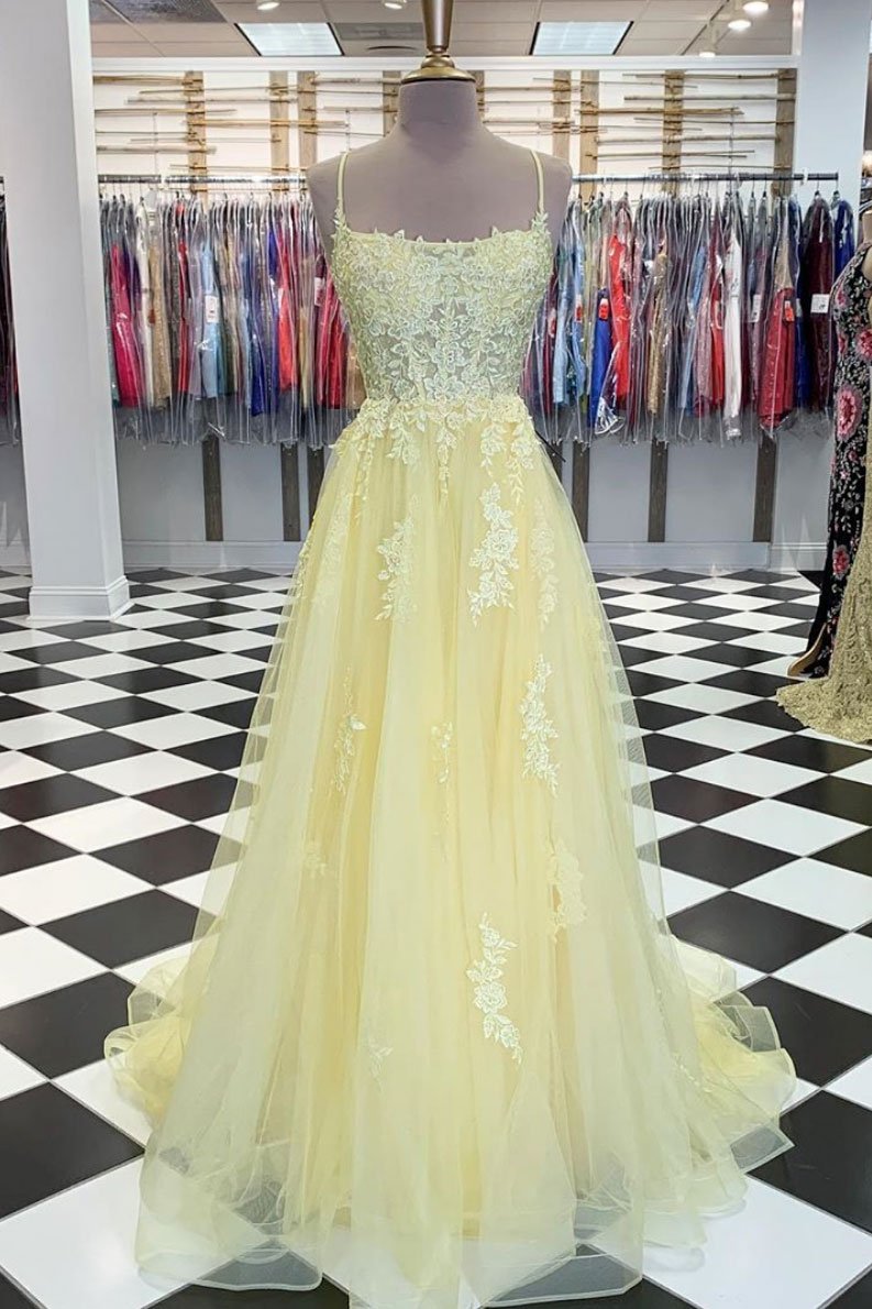 Yellow tulle lace long prom dress yellow lace formal dress cg14565