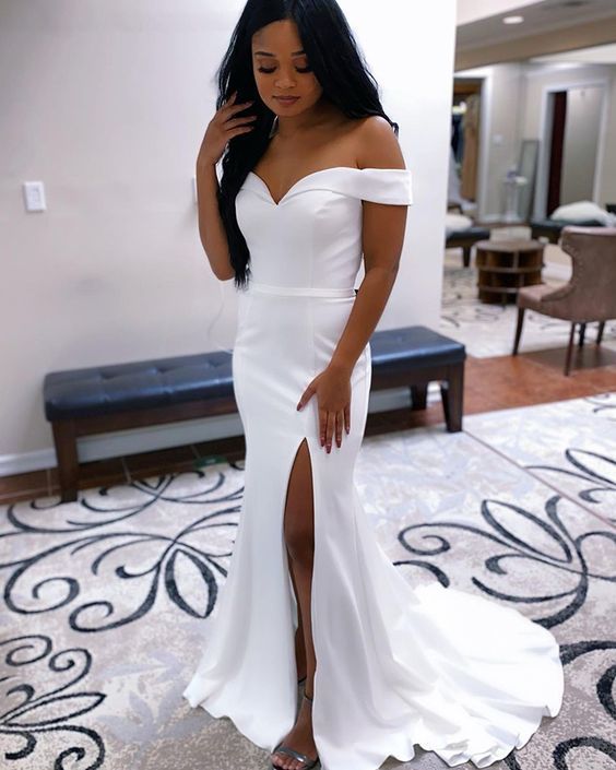 Simple Off the Shoulder White Mermaid Prom Dress with Side Slit cg13569